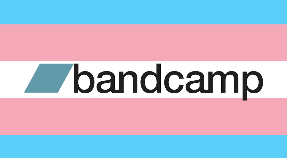 Bandcamp logo across a transgender flag