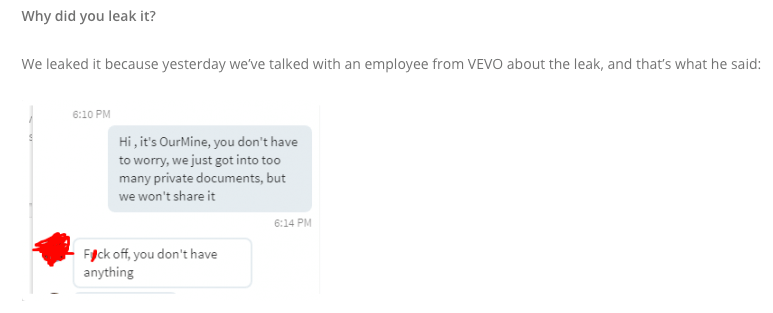 Messages between a Vevo employee and an OurMine hacker