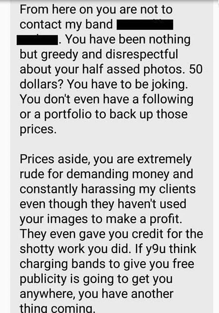 Screenshot of a message to sent to photographer Adrienne Row-Smith. Image courtesy of PetaPixel.