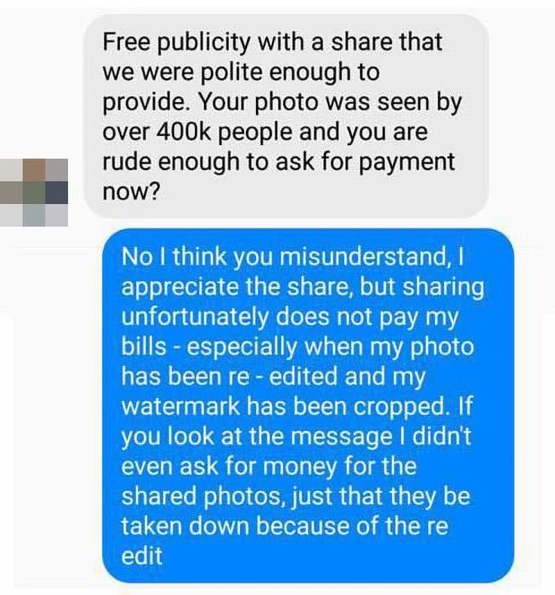 Screenshot of a message to sent to photographer Adrienne Row-Smith. Image courtesy of PetaPixel.