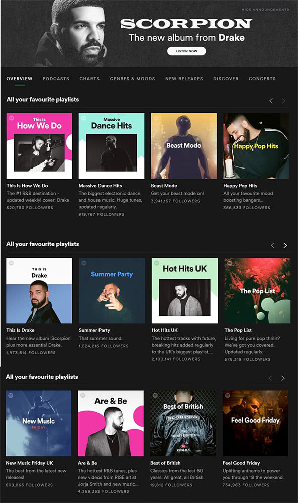 Image of Drake's saturation of the Spotify home page (courtesy of Reddit user /u/ExLionTamers)