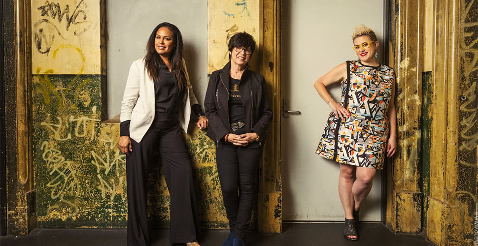 Christine Anu, AWMA founder Vicki Gordon and Katie Noonan at the Australian Women in Music Awards announcement at the Brisbane Powerhouse