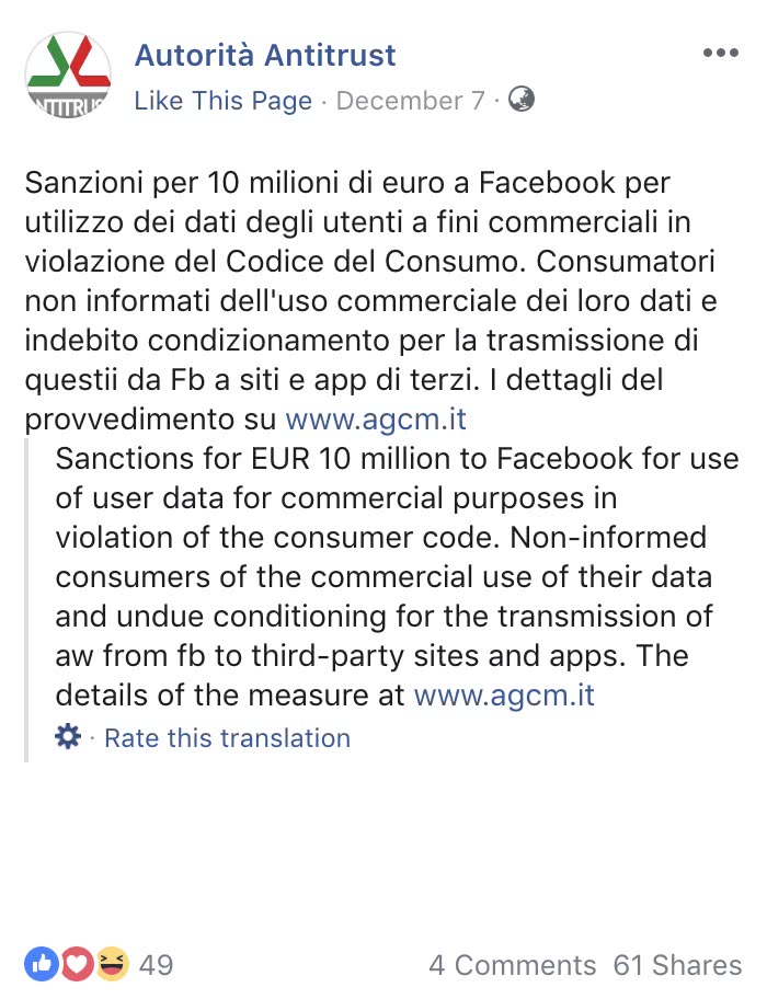  Italian Competition Authority (ICA) facebook post
